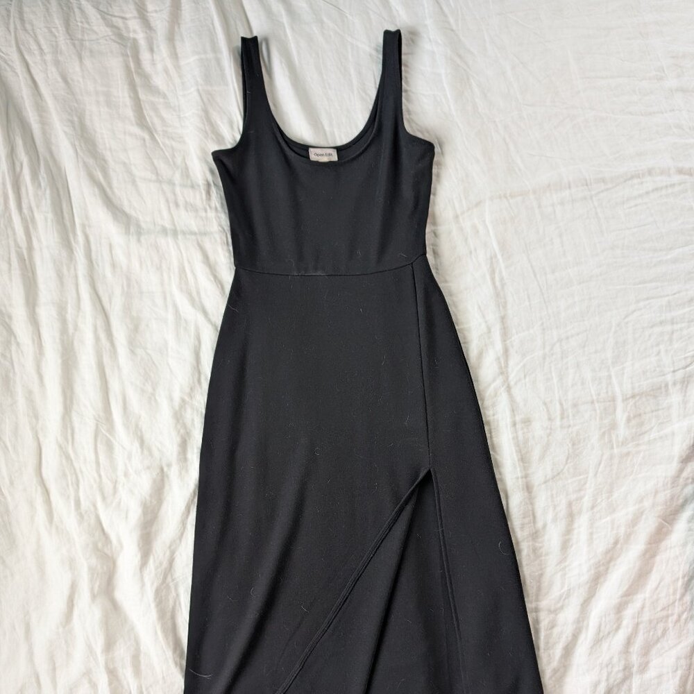 Open Edit Black Scoop Neck with Slit Midi Dress